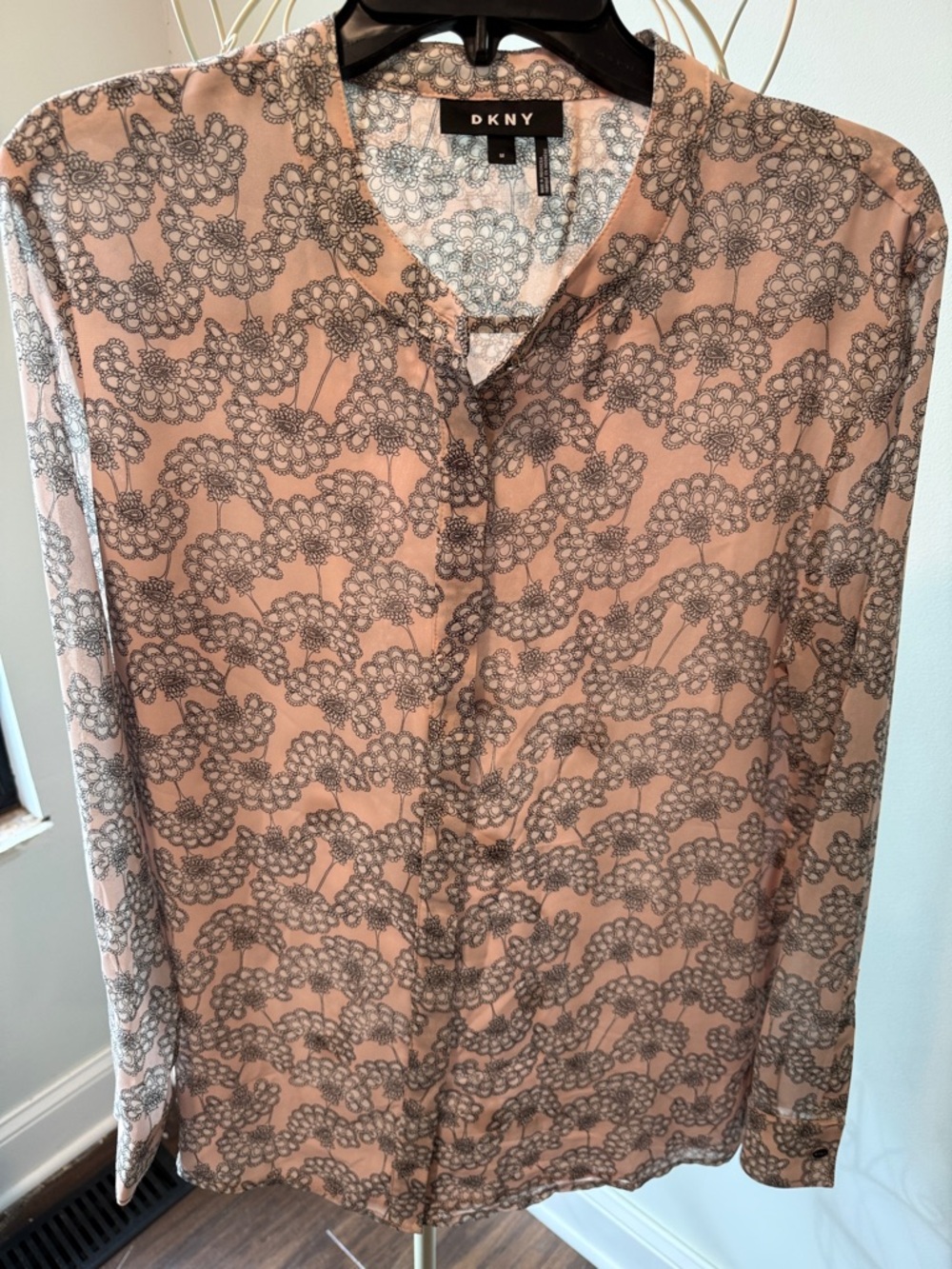 DKNY Pink and Gray Floral-Print Long Sleeve Shirt